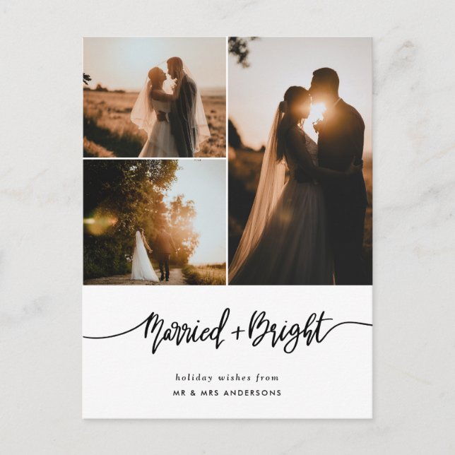 Married & Bright Script Couple Photo Holiday Postcard (Front)