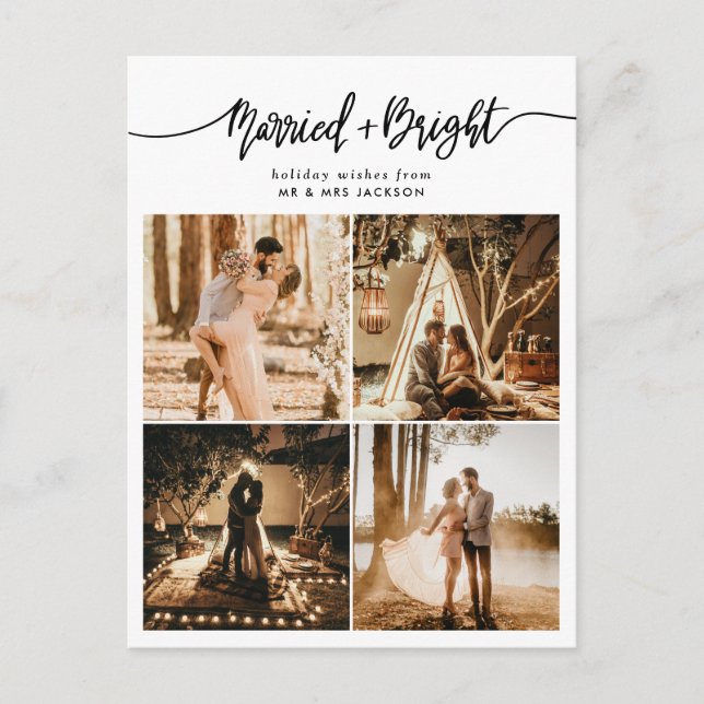 Married & Bright Script Holiday Collage Photo Postcard (Front)