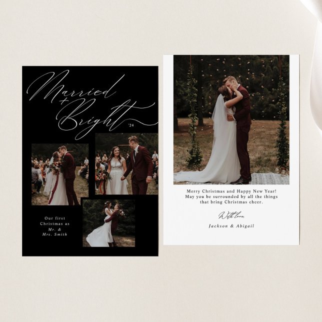 Married & Bright Script Typography Christmas Photo Holiday Card (Creator Uploaded)