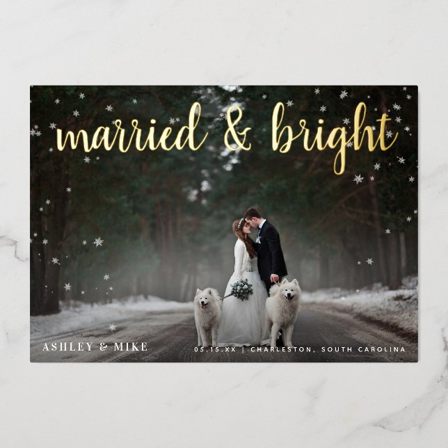 Married & Bright Snow 2 Photo Wedding Thank You Foil Holiday Card (Front)