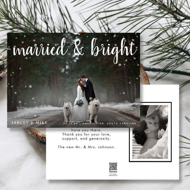 Married & Bright Snow 2 Photo Wedding Thank You Holiday Card (Married & Bright! Share Our Christmas Wedding Joy 🎄💒 Easily personalized with photos & deets)