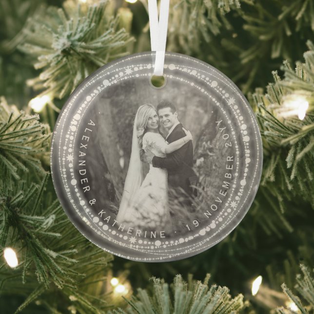 Married & Bright Sparkles Our 1st Christmas Photo Glass Ornament (Insitu)