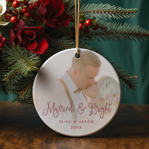 Married & Bright Wedding Photo Ceramic Ornament