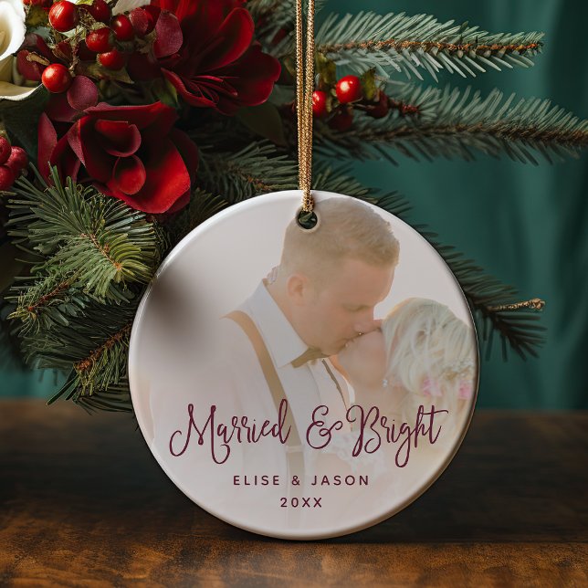 Married & Bright | Wedding Photo Ceramic Ornament (Creator Uploaded)