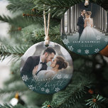 Married & Bright | Wedding Photo Christmas Ceramic Ornament<br><div class="desc">Elegant photo ornament for newlyweds features a favourite wedding photo on each side. "Married & bright" appears in white calligraphy script adorned with snowflakes on a spruce green gradient. Personalize with your names and wedding date or year on the reverse side. A beautiful keepsake for your first married Christmas.</div>