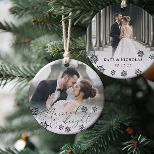Married & Bright   Wedding Photo Christmas Ceramic Ornament
