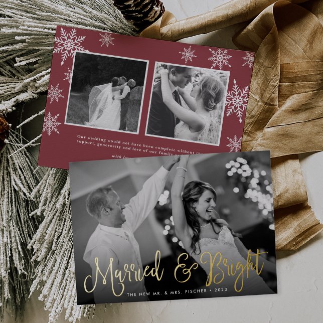 Married & Bright Wedding Photo Foil Holiday Card (Creator Uploaded)