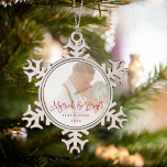 Married & Bright | Wedding Photo Snowflake Pewter Christmas Ornament<br><div class="desc">Festive photo ornament for newlyweds features your favourite wedding photo with "married & bright" overlaid in red script lettering. Personalize with your names and the year beneath.</div>