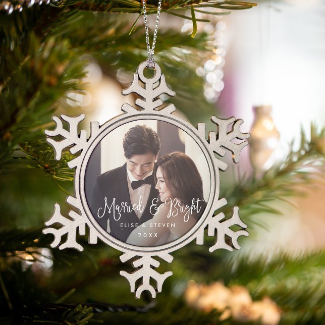 Married & Bright | Wedding Photo Snowflake Pewter Christmas Ornament (Creator Uploaded)