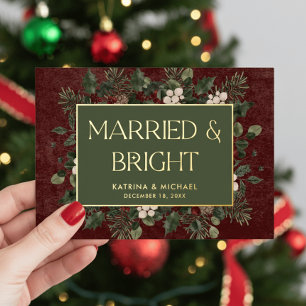 Married & Bright Winter Berries & Pine Burgundy Foil Holiday Card