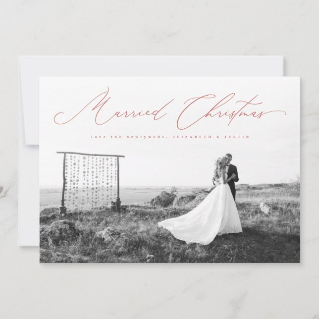 Married Christmas Calligraphy Script Newlywed Red Holiday Card (Front)