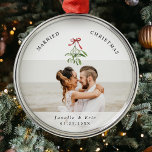 Married Christmas Cute Mistletoe Newlyweds Photo  Metal Ornament<br><div class="desc">Cherish your first Christmas together with our 'Married Christmas' ornament. Customized for the newlyweds' joyous memories with your favourite wedding photo as well as a cute watercolor mistletoe illustration,  your names and date of nuptials.🎄📸✨ #FirstChristmasJoy #PersonalizedKeepsake</div>