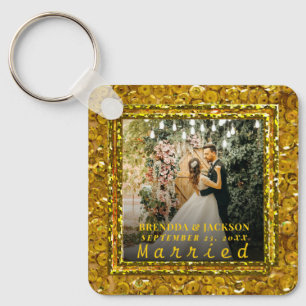 Married Christmas Elegant Gold Type Wedding Photo  Keychain