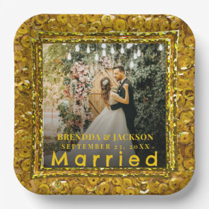 Married Christmas Elegant Gold Type Wedding Photo Paper Plate