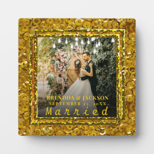 Married Christmas Elegant Gold Type Wedding Photo  Plaque