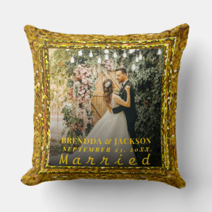Married Christmas Elegant Gold Type Wedding Photo  Throw Pillow