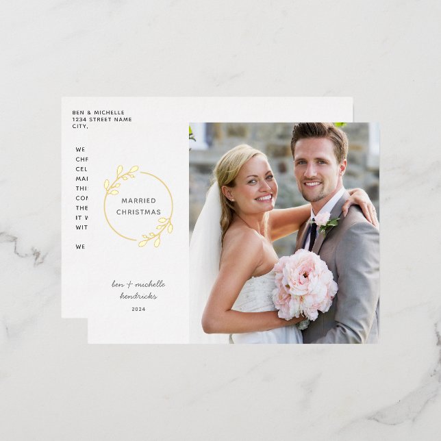 Married Christmas Gold Foil Wreath Photo Foil Holiday Postcard (Front/Back)