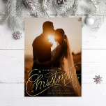 Married Christmas Hand-Lettering Photo Foil Holiday Card<br><div class="desc">Original hand-lettering over full bleed photo and stars; backer colour is editable or add more photos and text.</div>