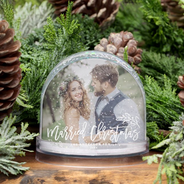 Married Christmas Modern Calligraphy Wedding Photo Snowglobe (Winter)