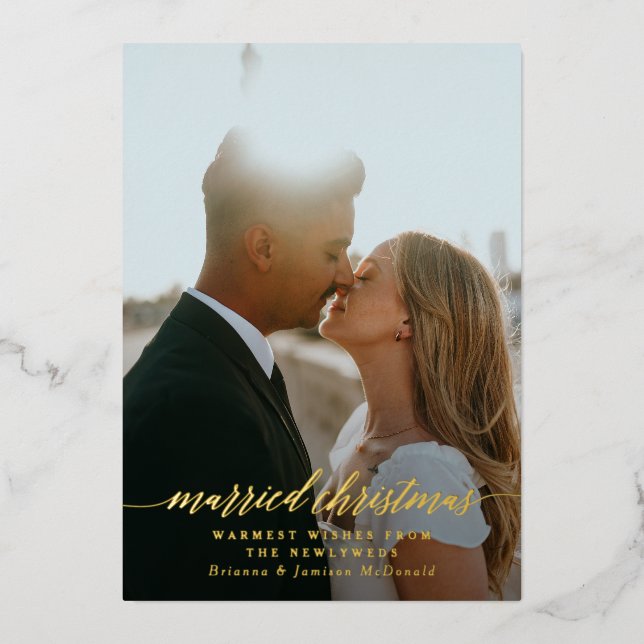 Married Christmas Newlywed Photo Black Gradient Foil Holiday Card (Front)