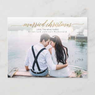 Married Christmas Newlywed Photo   Gold Script Holiday Postcard