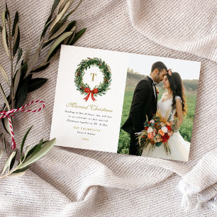 Married Christmas Newlywed Wreath Monogram Photo Holiday Card