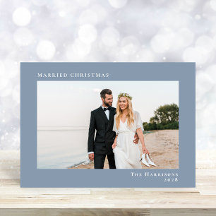 Married Christmas Photo Dusty Blue Holiday Card