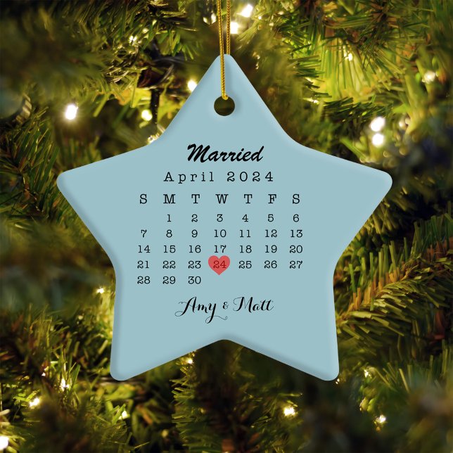 Married Christmas Wedding Date Heart Script Ornament (Creator Uploaded)