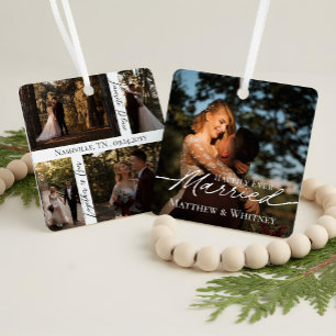 Married Couple 1st Christmas Elegant Photo Collage Metal Ornament