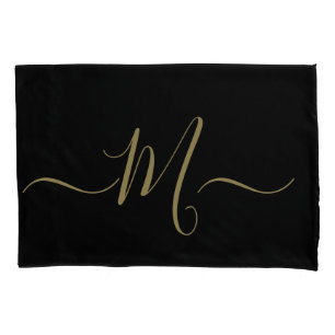 Married couple elegant initial monogram black gold pillowcase