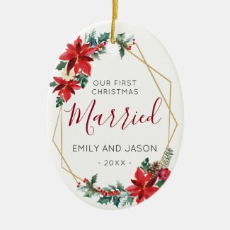 Married First Chrismas Red Poinsettia elegant Ceramic Ornament