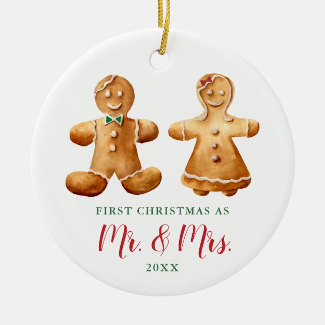 Married Gingerbread Couple Personalized Christmas Ceramic Ornament (Front)