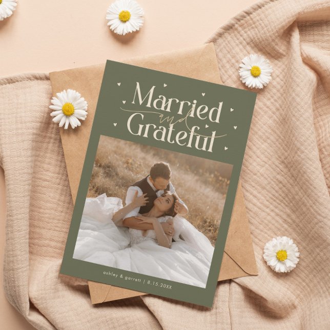 Married & Grateful Wedding Photo Sage Green Thank You Card (Creator Uploaded)
