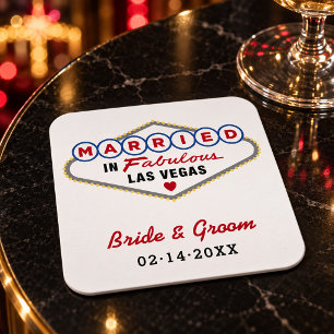Married in Fabulous Las Vegas Red Wedding Monogram Square Paper Coaster