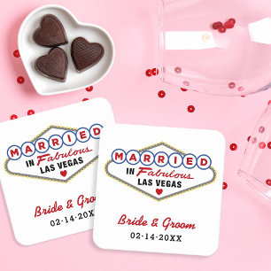 Married in Fabulous Las Vegas Red Wedding Monogram Square Paper Coaster