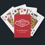 Married in Fabulous Las Vegas Red Wedding Playing Cards<br><div class="desc">These unique and fun custom "Married in Fabulous Las Vegas" wedding favour playing cards feature a design inspired by the Welcome to Las Vegas,  Nevada" sign,  along with monogram text that can be personalized with the couple's name and wedding date. Red and white colours can be modified.</div>