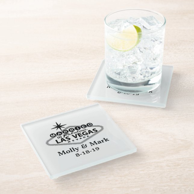 Married in Las Vegas Personalized Wedding Favour Glass Coaster (Angled)