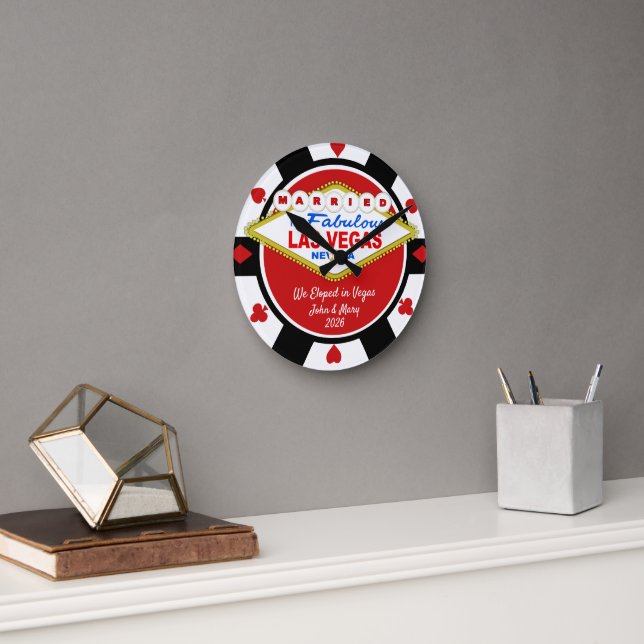 Married in Vegas Poker Chip Look Wall Clock (Office)