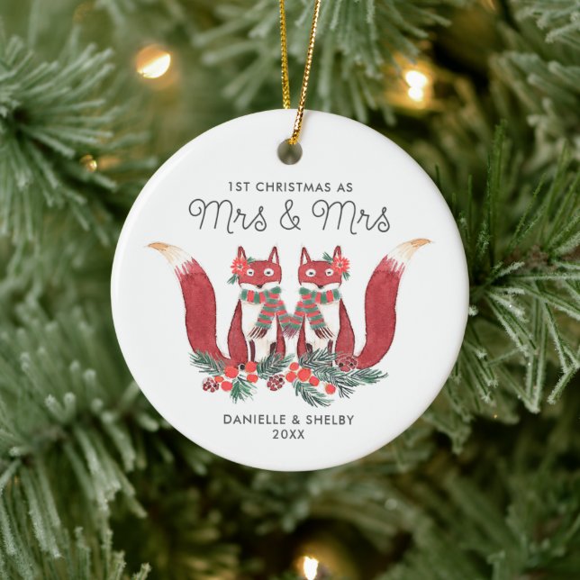 Married Lesbian Couple Personalized Festive Foxes Ceramic Ornament (Tree)