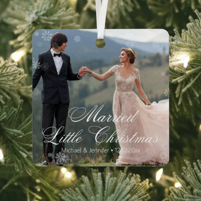  married little christmas wedding 2 photos snowy metal ornament (Insitu)