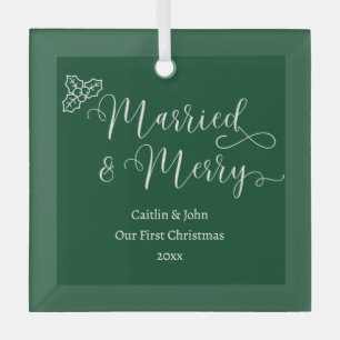 Married Merry 1st Christmas Newlywed Custom Green Glass Ornament