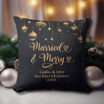 Married Merry 1st Christmas Newlywed Gold Black Throw Pillow<br><div class="desc">Looking for a way to make your loved ones' first Christmas as a married couple extra special? This "Our First Christmas Married and Merry" throw pillow with gold ornaments on a black background is the perfect gift idea! With its clean and modern font and classic holiday colours, this pillow will...</div>