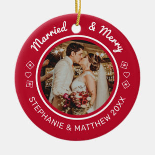 Married & Merry 2 Photo Modern Red Ceramic Ornament