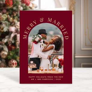 Married Merry Arch Photo Burgundy Gold Christmas Holiday Card