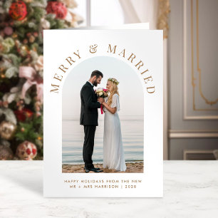 Married Merry Arch Photo White Gold Christmas Holiday Card