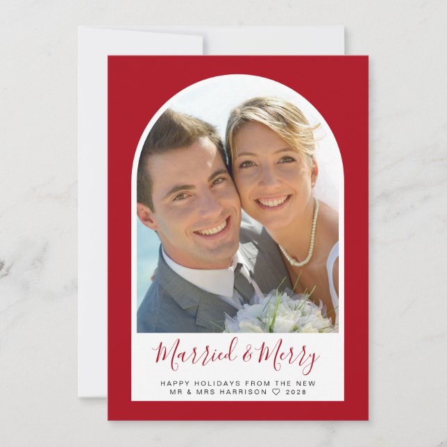 Married Merry Christmas Arch Photo Red Holiday Card (Front)