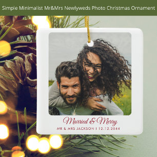 Married Merry Christmas Couple Newlyweds 2 Photos Ceramic Ornament