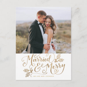 Married & Merry Christmas Handlettered Photo Gold Postcard