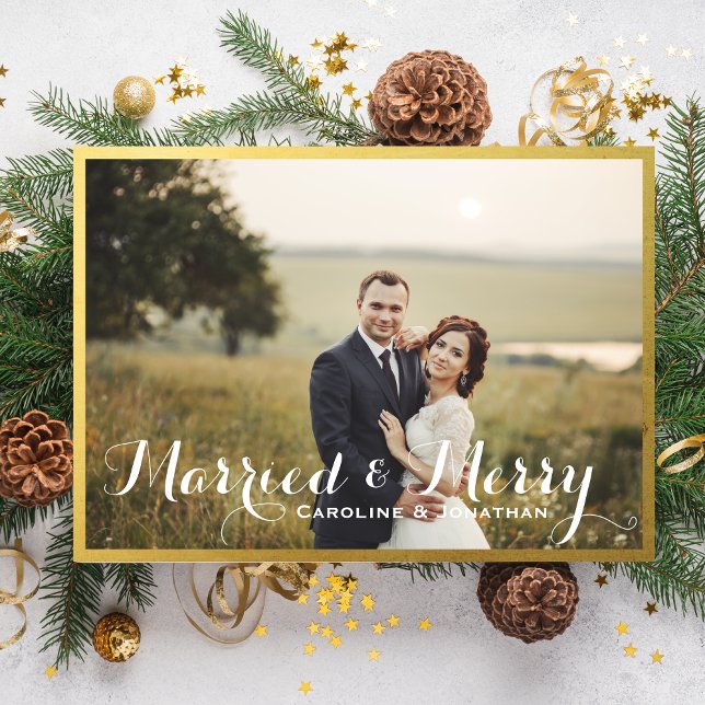 Married & Merry Christmas Holiday Photo Gold Frame Card (Creator Uploaded)
