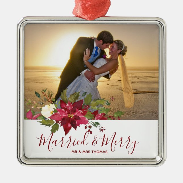 married & merry christmas holiday photo ornament (Front)